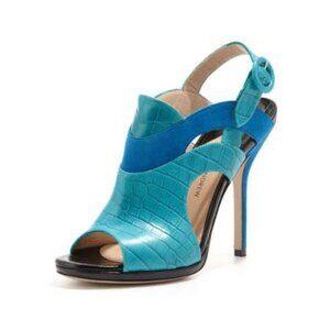 Paul Andrew High Heel Sandals Blue & Turquoise Croc Embossed Leather  - Size 37
